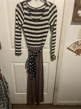 Striped Black and White Long Sleeve Maxi Dress with Brown Skirt